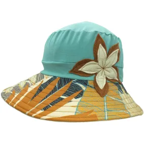 (30% Off) Adult Hat - Stretch Sun Hat in Caribbean Blue with Cream Flower and Brown Tropical Brim by Hats for Healing