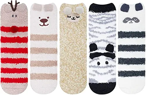 5 Pack Christmas Fuzzy Socks Cozy Gifts for Women Girls Cute Fluffy Winter Warm Slipper Socks