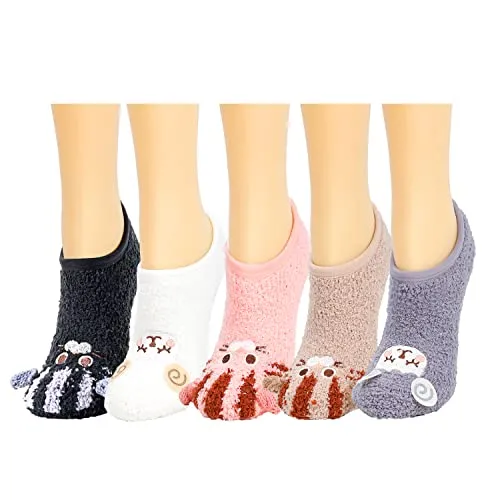 5 Pack Fuzzy Anti-Slip Socks for Women Girls Non Slip Slipper Socks with Grippers, Gift For Her, Gift For Mom