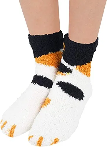 6 Pack Women Cat Paw Soft Fluffy Cozy Bed Socks Casual Winter Warm Christmas Gift, Gift For Her, Gift For Mom