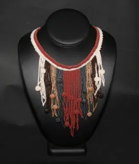 African Choker Beaded Cascade Necklace Brown White Gray Gold Beads