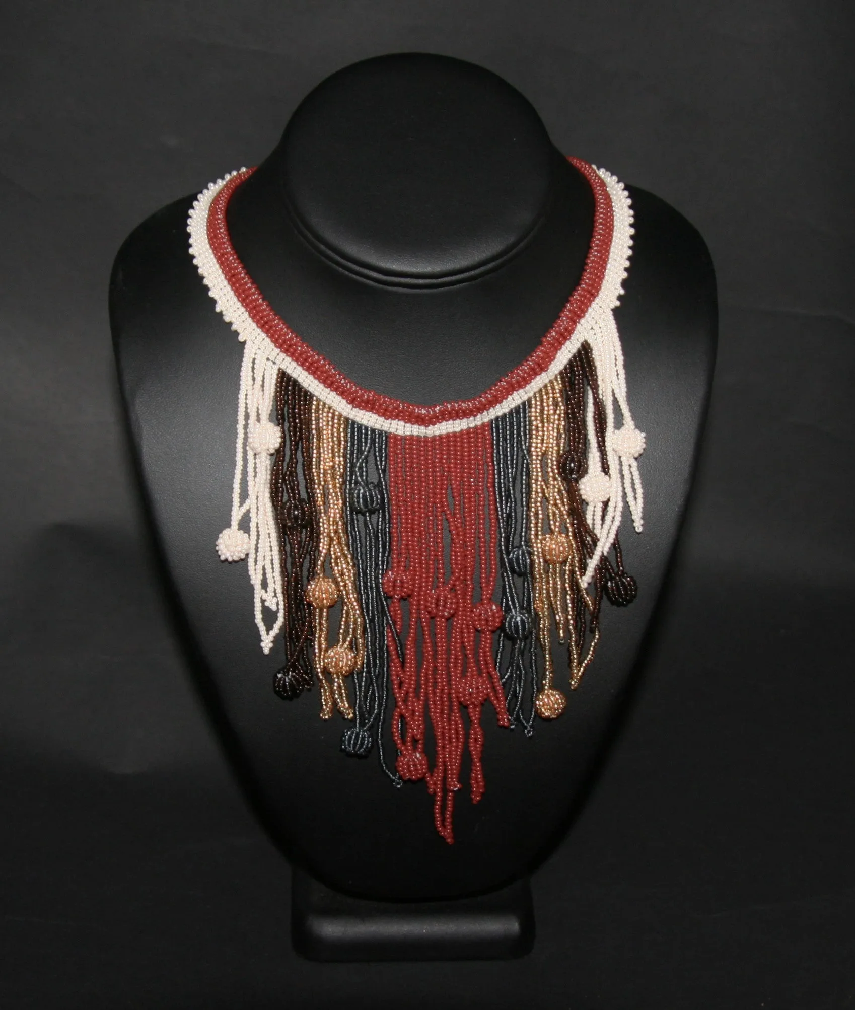 African Choker Beaded Cascade Necklace Brown White Gray Gold Beads