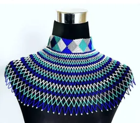 African choker, Blue and silver handmade beaded shoulder length beaded zulu necklace from Kenya with free shipping