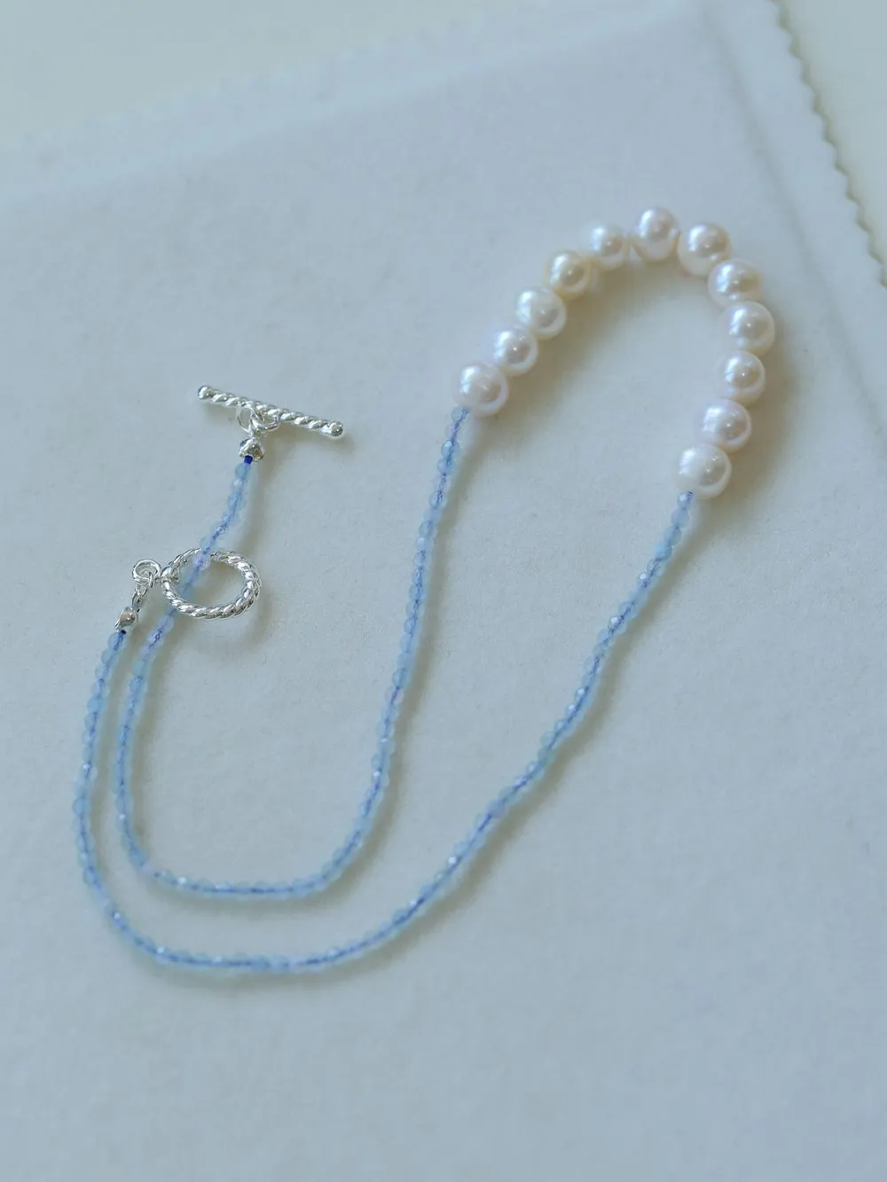 Aquamarine Smile Flat Round Pearl Beaded OT Necklace