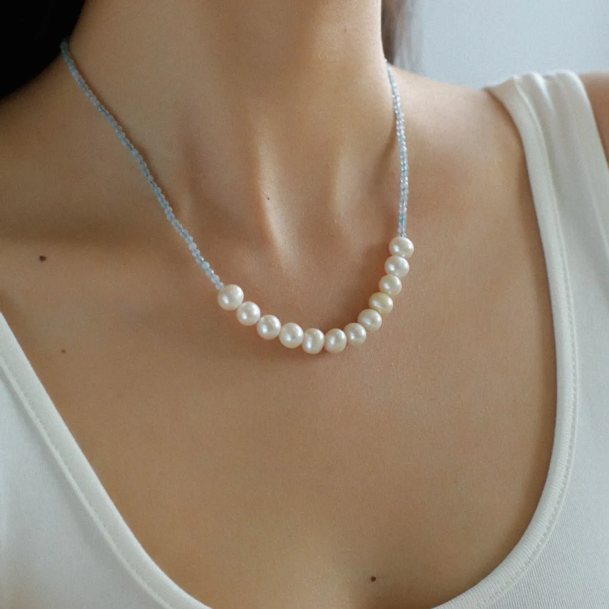 Aquamarine Smile Flat Round Pearl Beaded OT Necklace