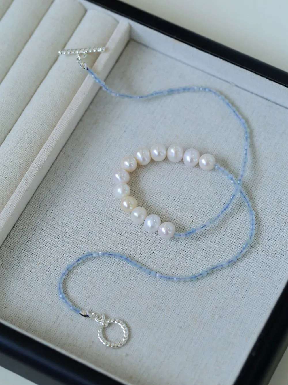 Aquamarine Smile Flat Round Pearl Beaded OT Necklace