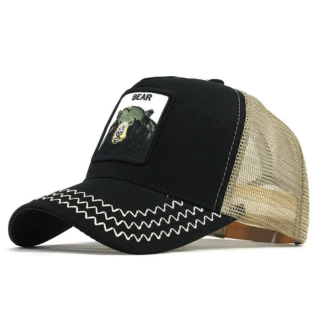 Bear Embroidered Mesh Trucker Snapback Baseball Cap