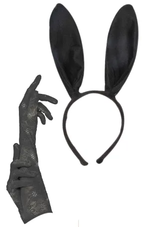 Black bunny Ears on Headband Long Lace Gloves Halloween Spooky Fancy Dress Party 2  Pcs Set