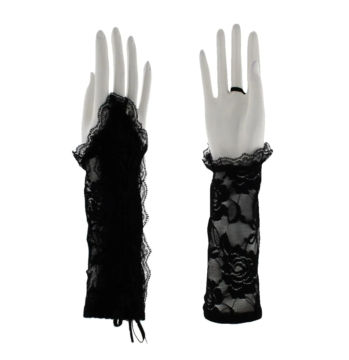 Black Short Floral Print Lace Gloves with Coloured Ribbon