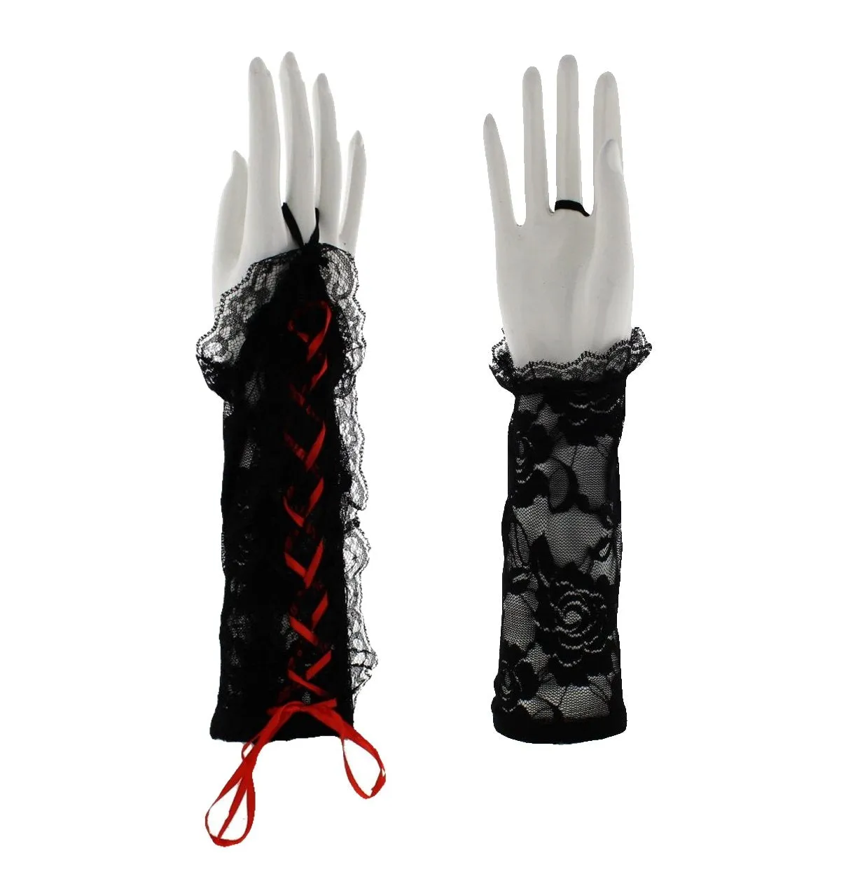 Black Short Floral Print Lace Gloves with Coloured Ribbon