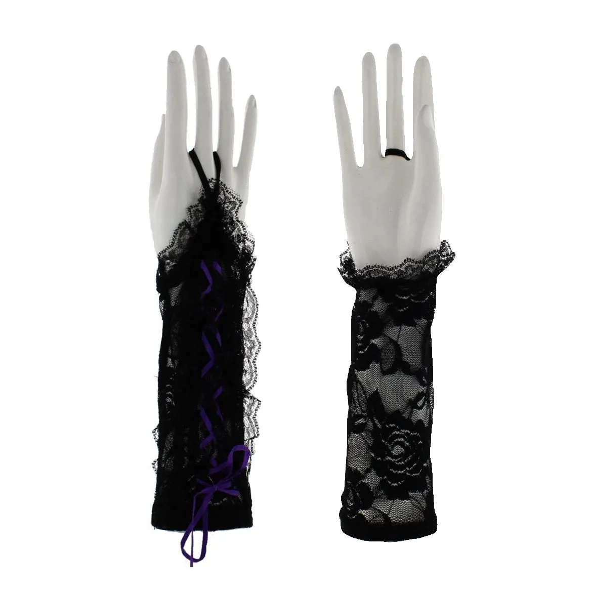 Black Short Floral Print Lace Gloves with Coloured Ribbon