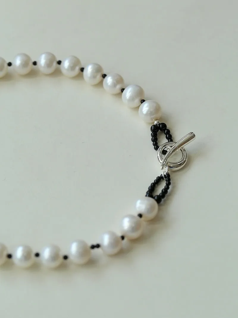 Black Spinel and Round Baroque Pearl OT Weaving Choker