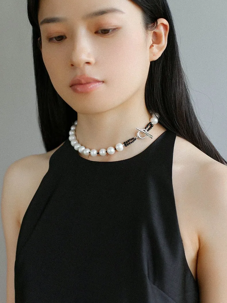 Black Spinel and Round Baroque Pearl OT Weaving Choker