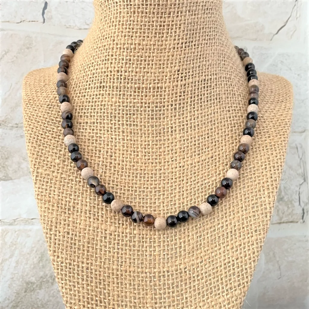 Brown and Beige Agate Beaded Mens Necklace