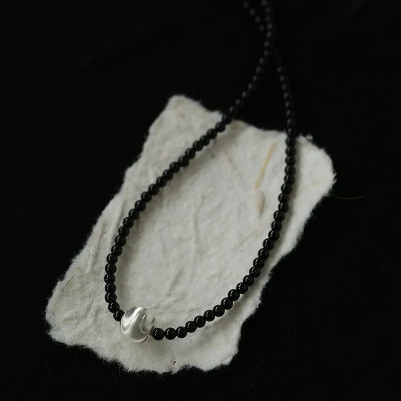 Brushed Silver and Black Agate Beaded Necklace