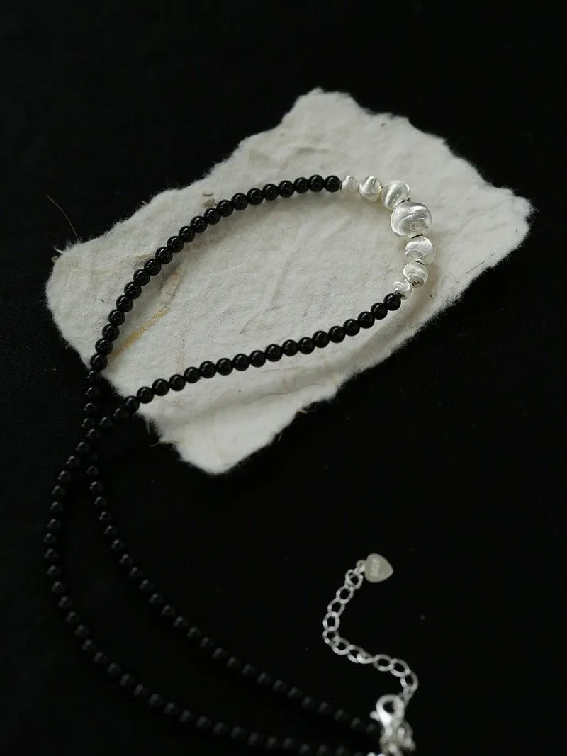 Brushed Silver and Black Agate Beaded Necklace