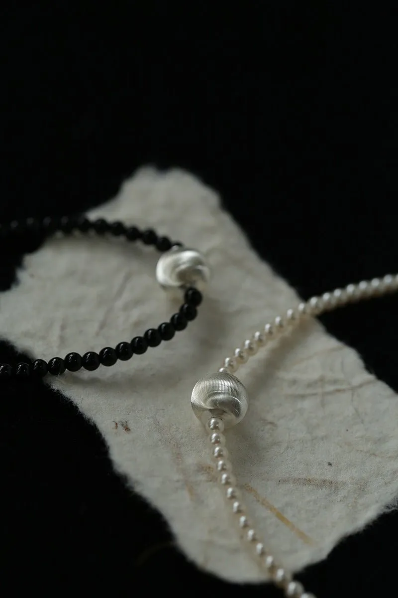 Brushed Silver and Black Agate Beaded Necklace