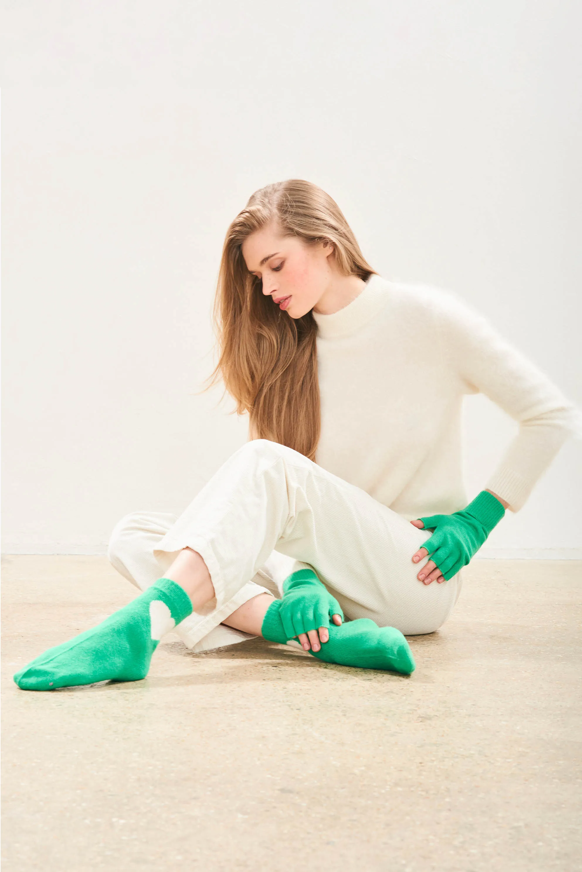 Cashmere Heart Socks in Bright Green and Cream