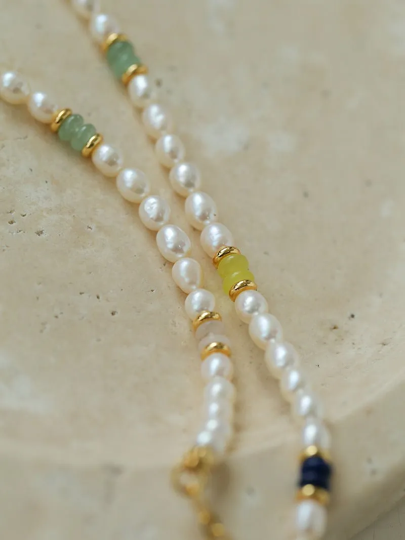 Colored Gemstone and Rice Pearl Beaded Necklace