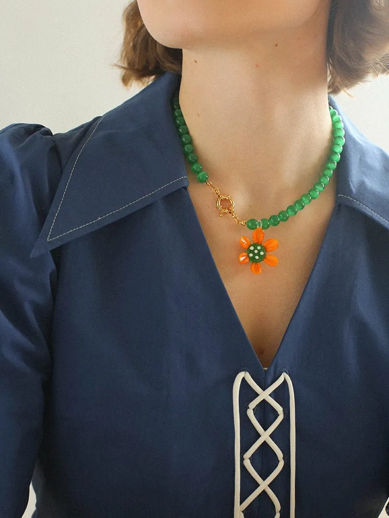 Colorful Cat's Eye Daisy Flower Beaded Necklace