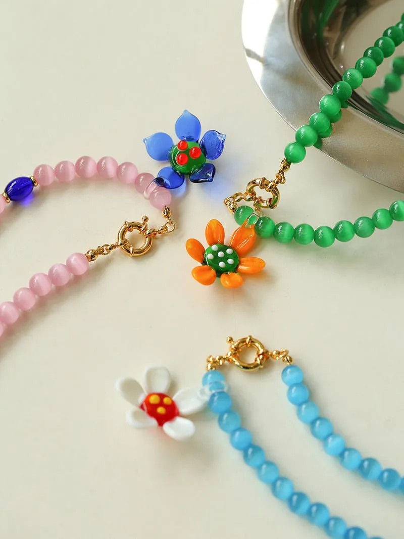 Colorful Cat's Eye Daisy Flower Beaded Necklace