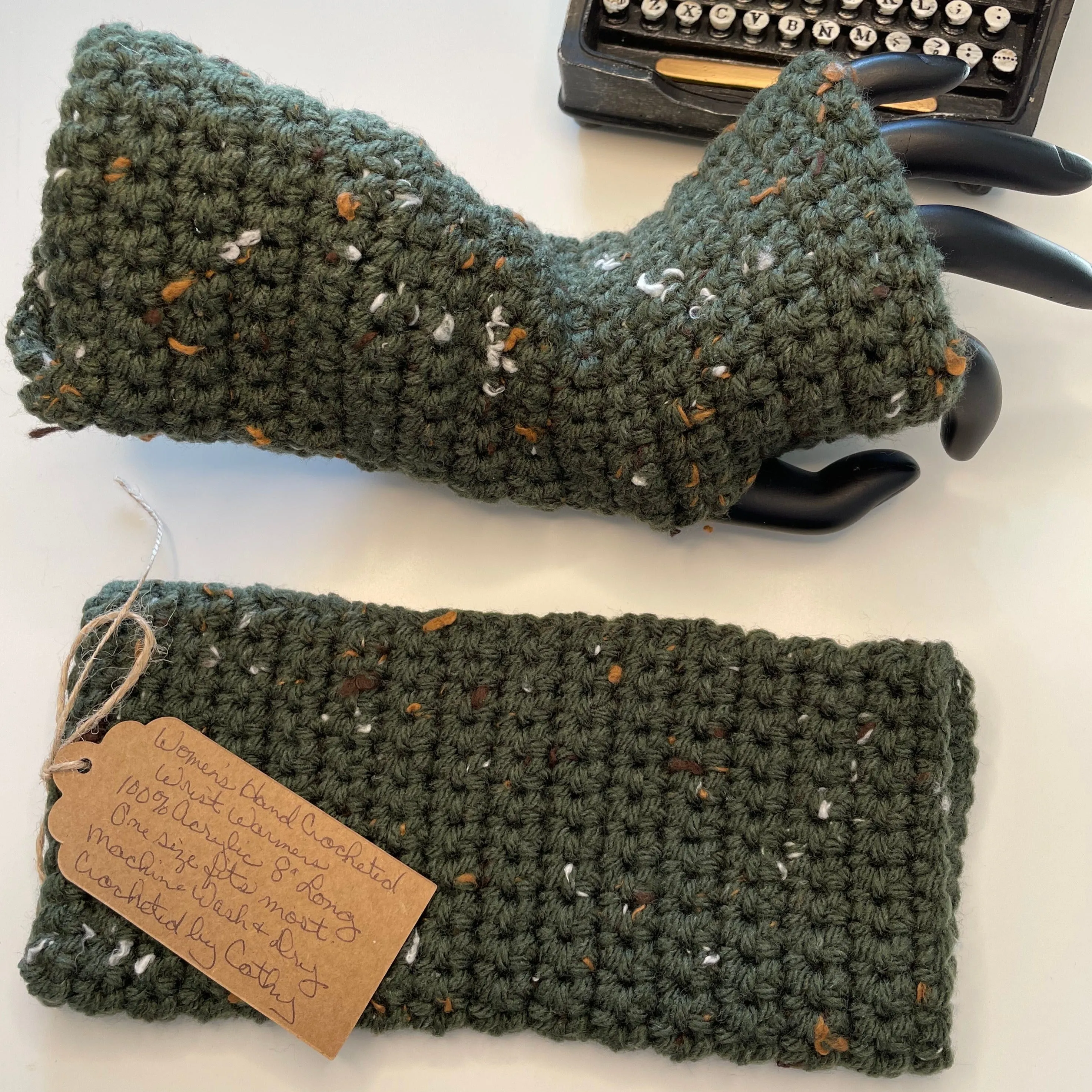 Dark Charcoal Green Tweed Texting Fingerless Gloves Crochet Knit Fall Winter Gaming Tech Wrist Warmers Speckled Army Outdoor Handmade Fashion Gift Women Accessory