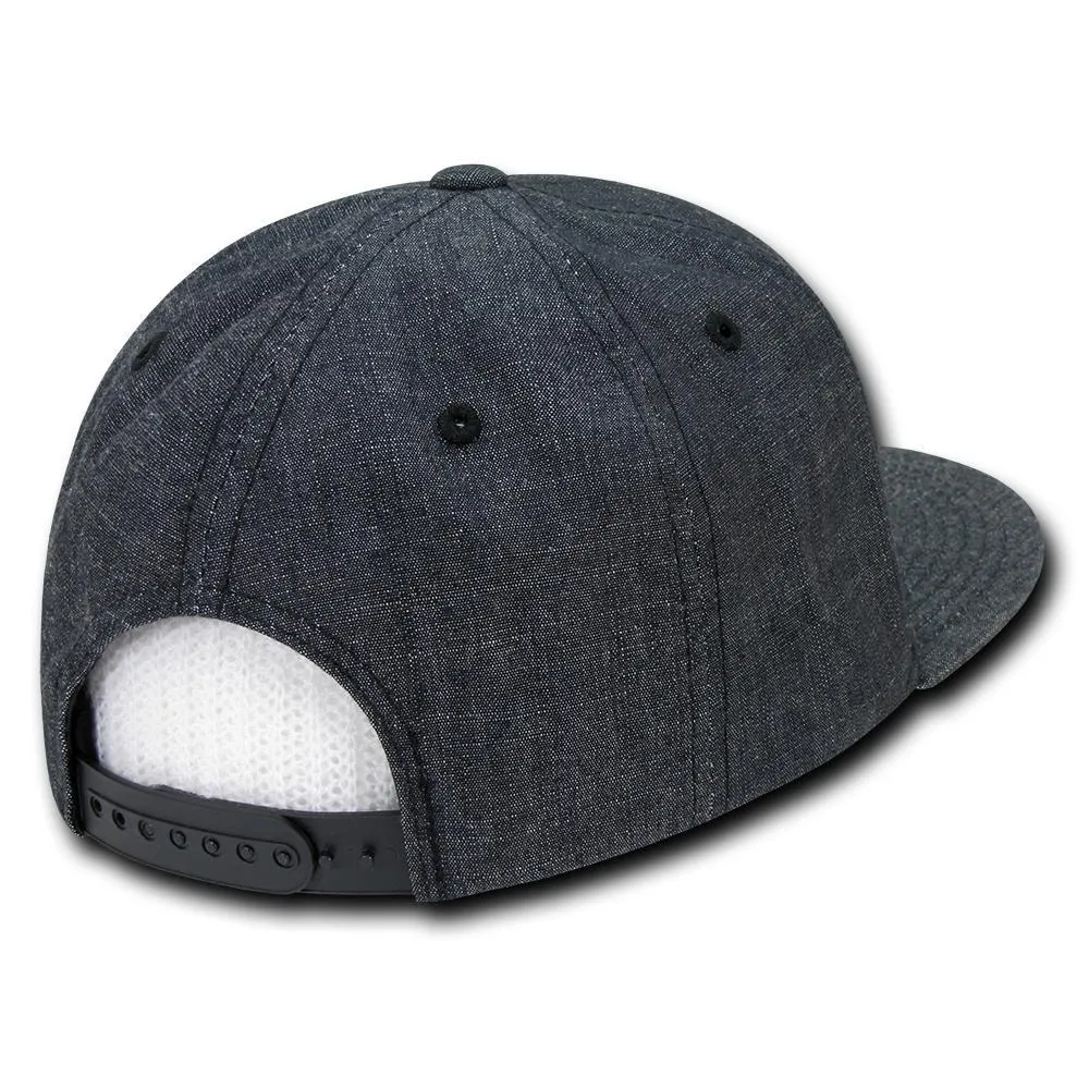 Decky 1094 Washed Denim Snapback Hat, 6 Panel Denim Flat Bill Cap