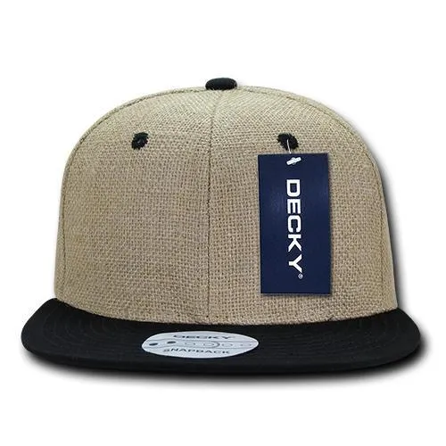 Decky 2000 Lightweight Jute Snapback Hat, 6 Panel Flat Bill Cap