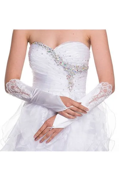 DeKlaire Bridal J011B Fingerless Mid Length Satin Gloves Lace Embroidery