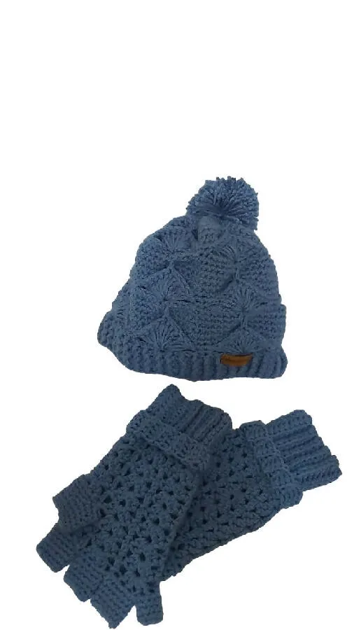 Fashion Stitch Women's Blue Wool Crochet Hat & Gloves Set For Ladies