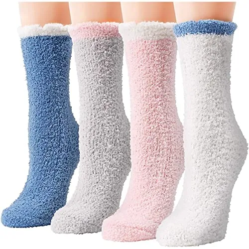 Fuzzy Anti-Slip Socks Non Slip Fluffy Slipper Socks for Women Girls with Grippers, Cozy Gifts For Her 4 Pairs