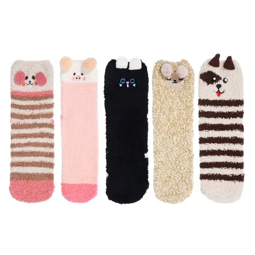 Fuzzy Socks for Women Girls Colorful Indoors Animal Slipper Socks, Functional Slipper Socks, Cozy Gifts for Women