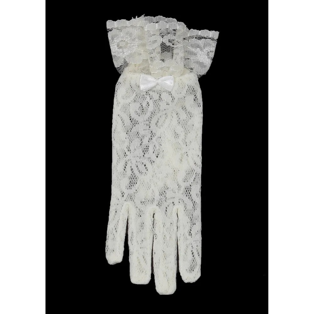 Girls Ivory Lace Bow Accented Communion Flower Girl Gloves (0-3) S-(8-12) L