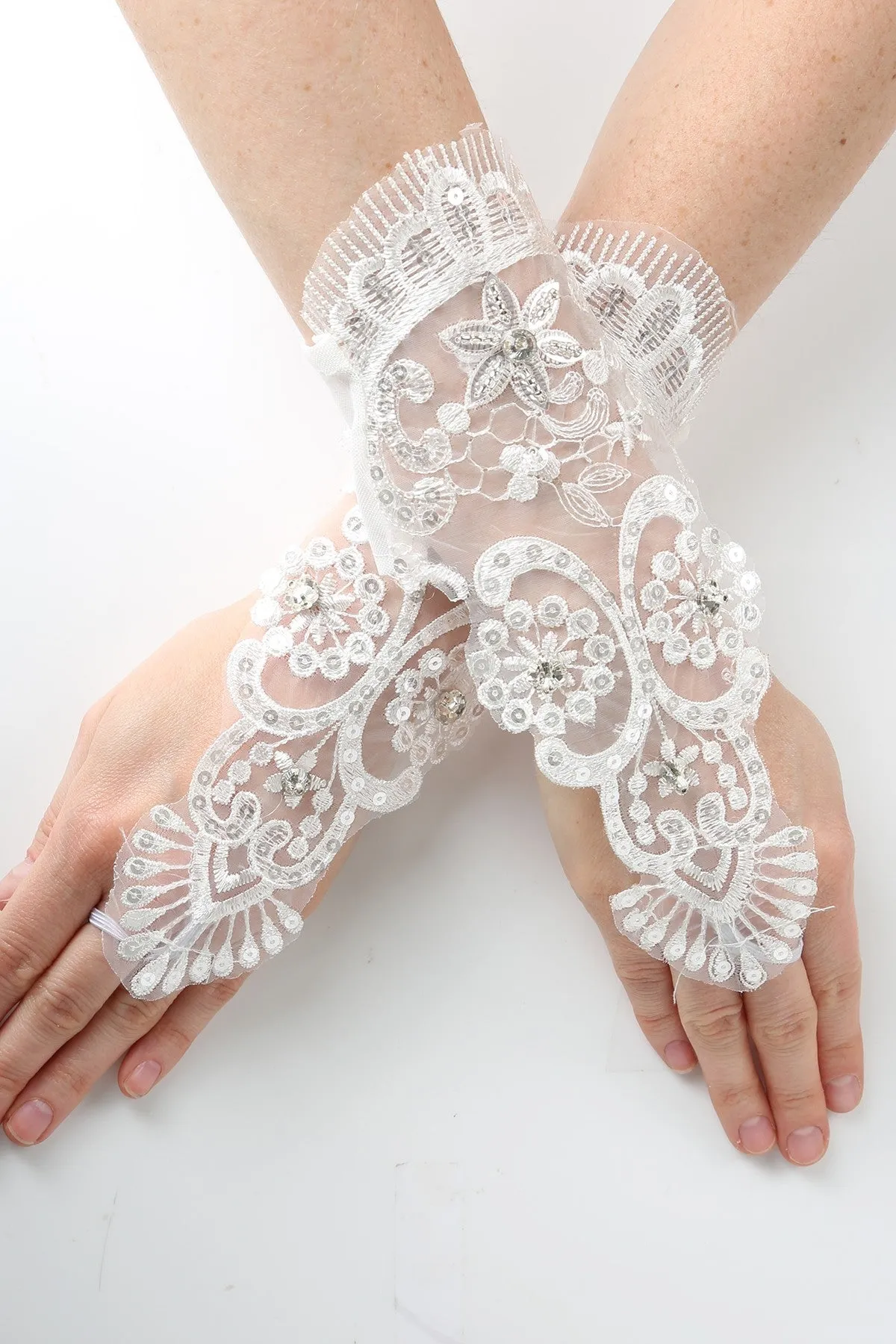 Girls White Clear Bead Lace Mesh Fingerless Communion Flower Girl Gloves