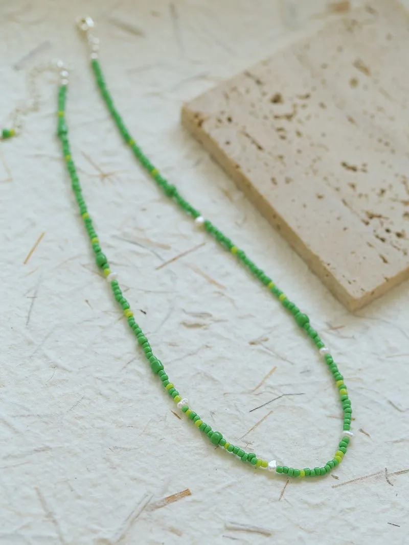 Green Ceramic Rice Bead and Pearl Bead Necklace