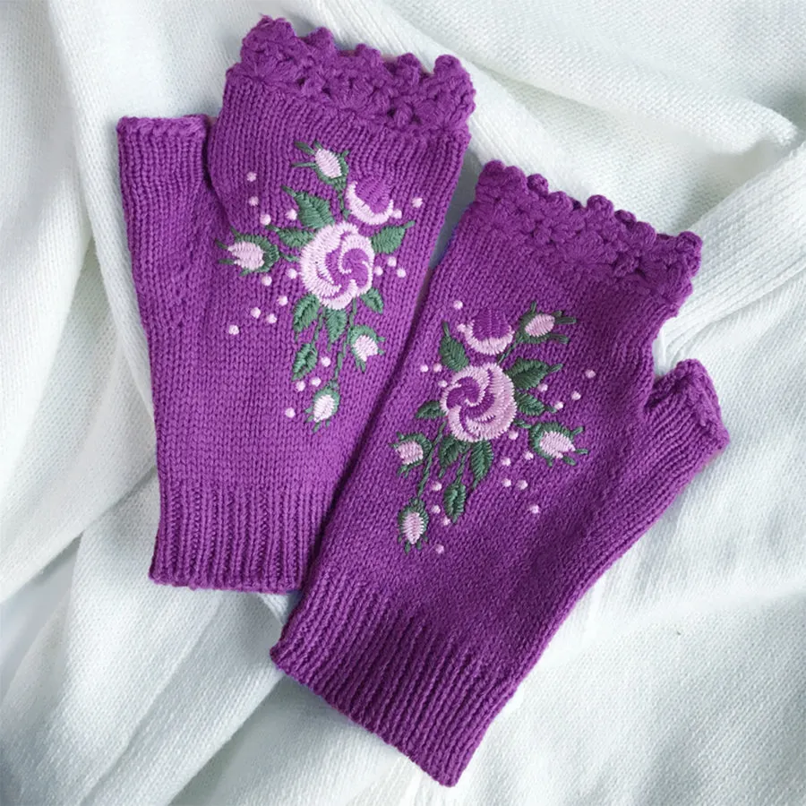 Hand Embroidered Gloves Women's Knitted Gloves Flower Gloves