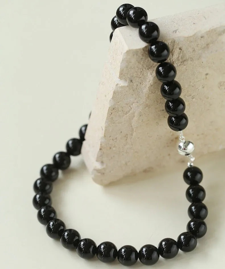 Handwoven 12mm Black Agate Stone Magnetic Clasp Necklace