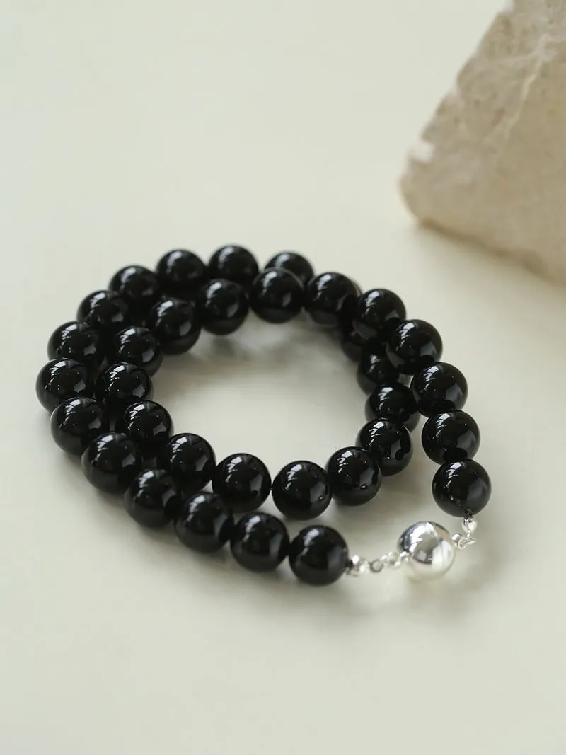 Handwoven 12mm Black Agate Stone Magnetic Clasp Necklace