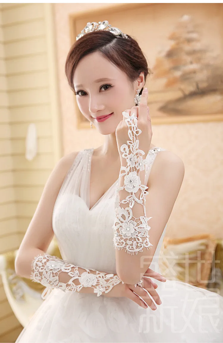 Long Bridal Gloves, Lace Appliques Gloves, Lovely Gloves With Beaded, TYP0573