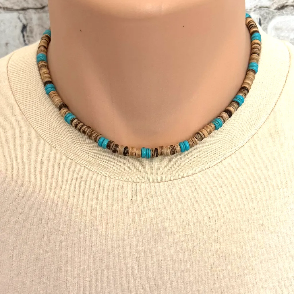 Mens Brown Coconut Shell and Magnesite Heishi Beaded Necklace