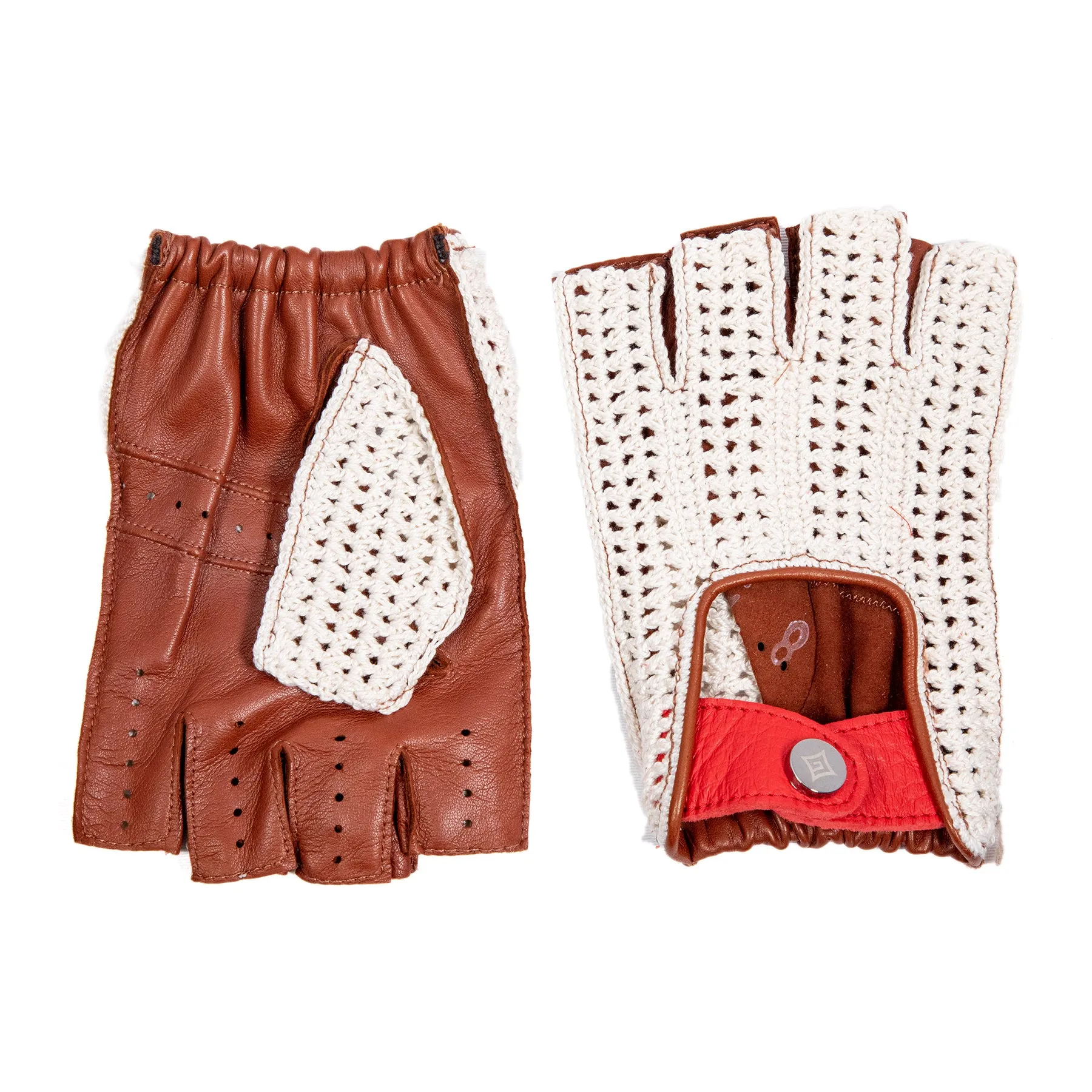 Men's half fingers cognac leather driving gloves with crochet top and red deerskin flap