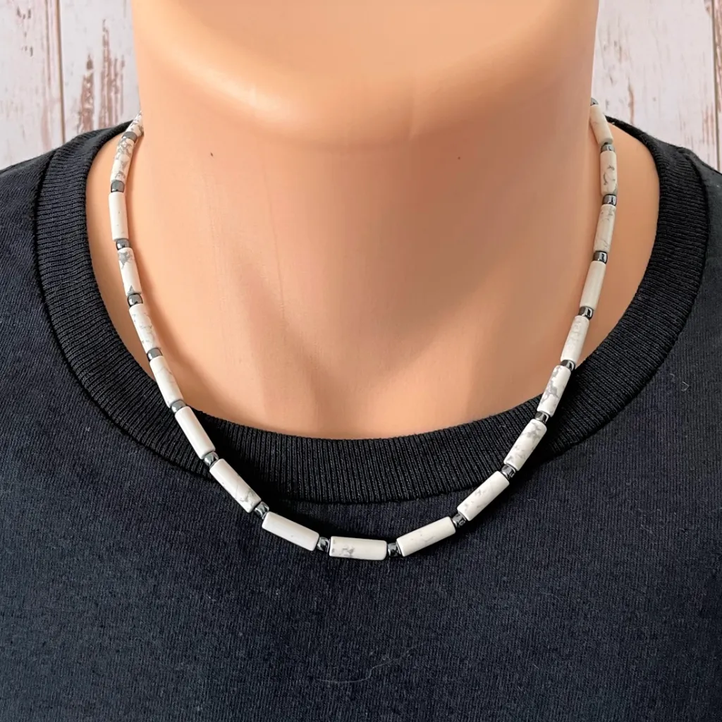 Mens Howlite Tube Beaded Necklace