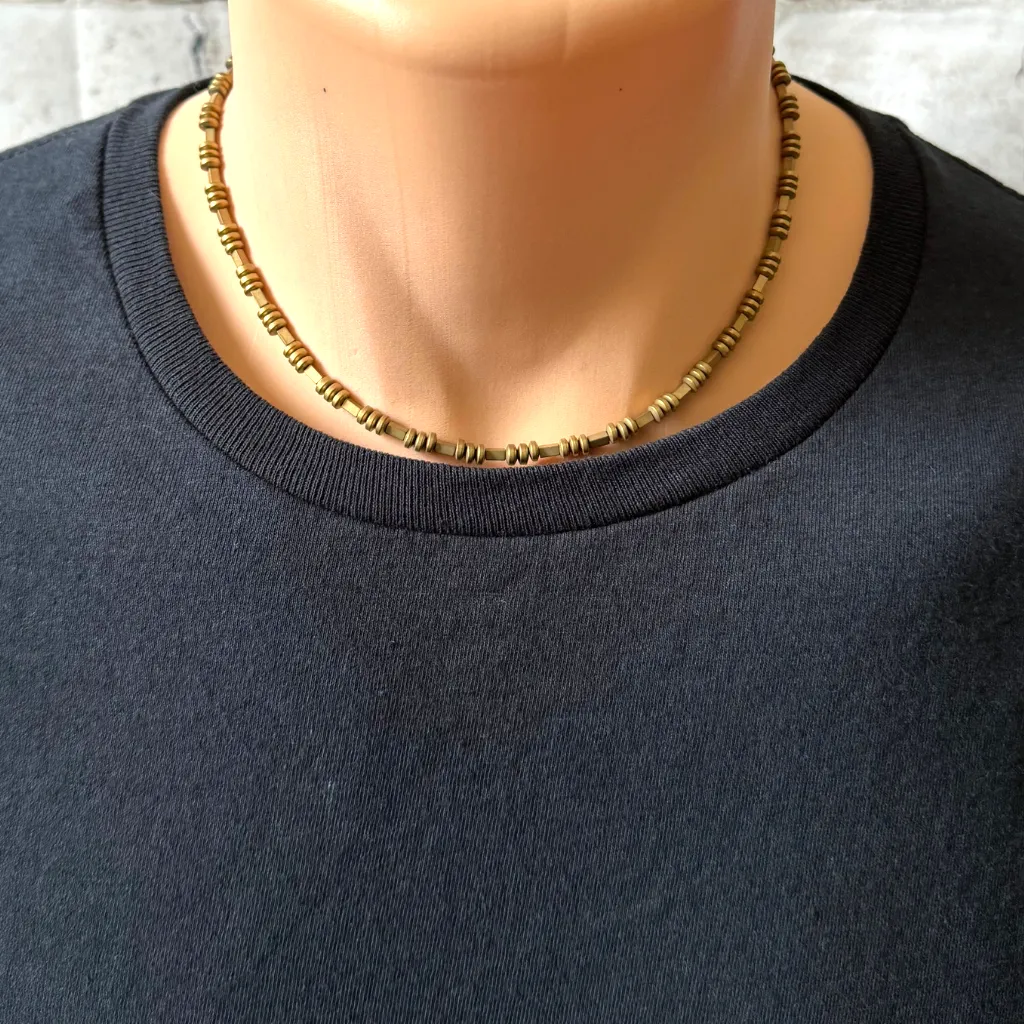 Mens Matte Gold Hematite Disc and Tube Beaded Necklace