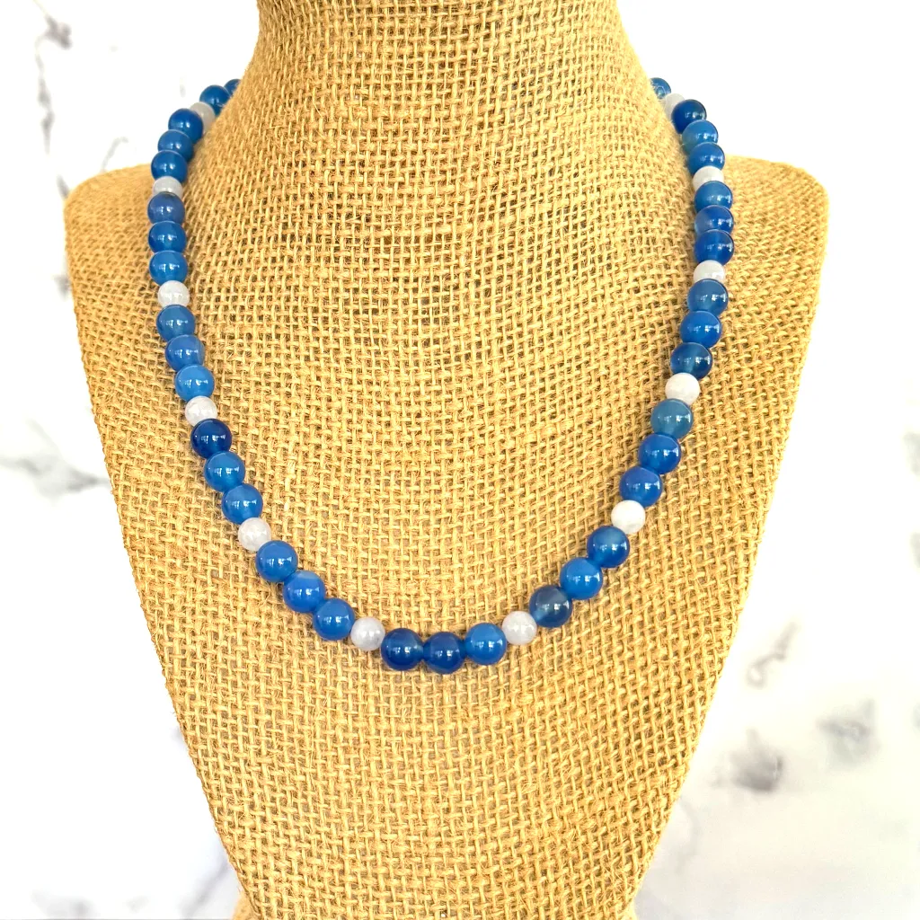 Mens Sapphire and Aquamarine Blue Agate Beaded Necklace