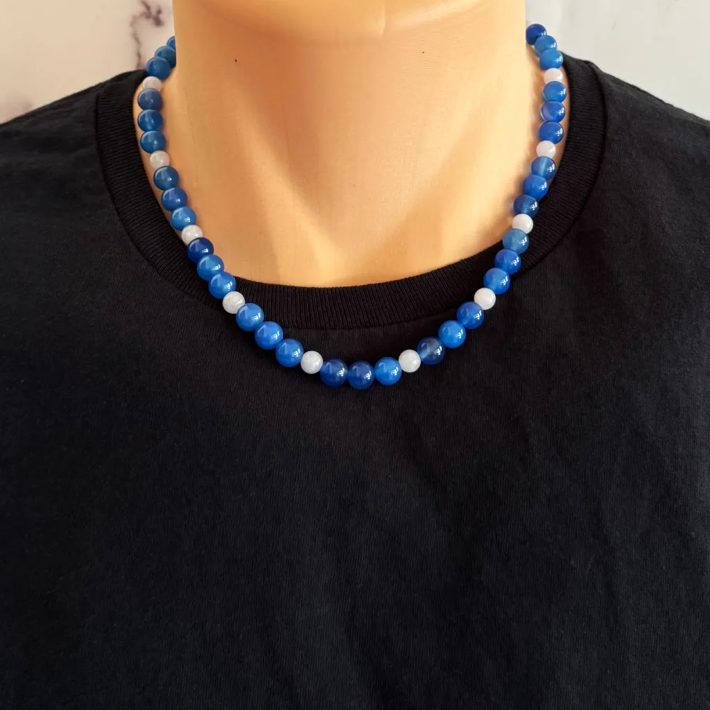 Mens Sapphire and Aquamarine Blue Agate Beaded Necklace