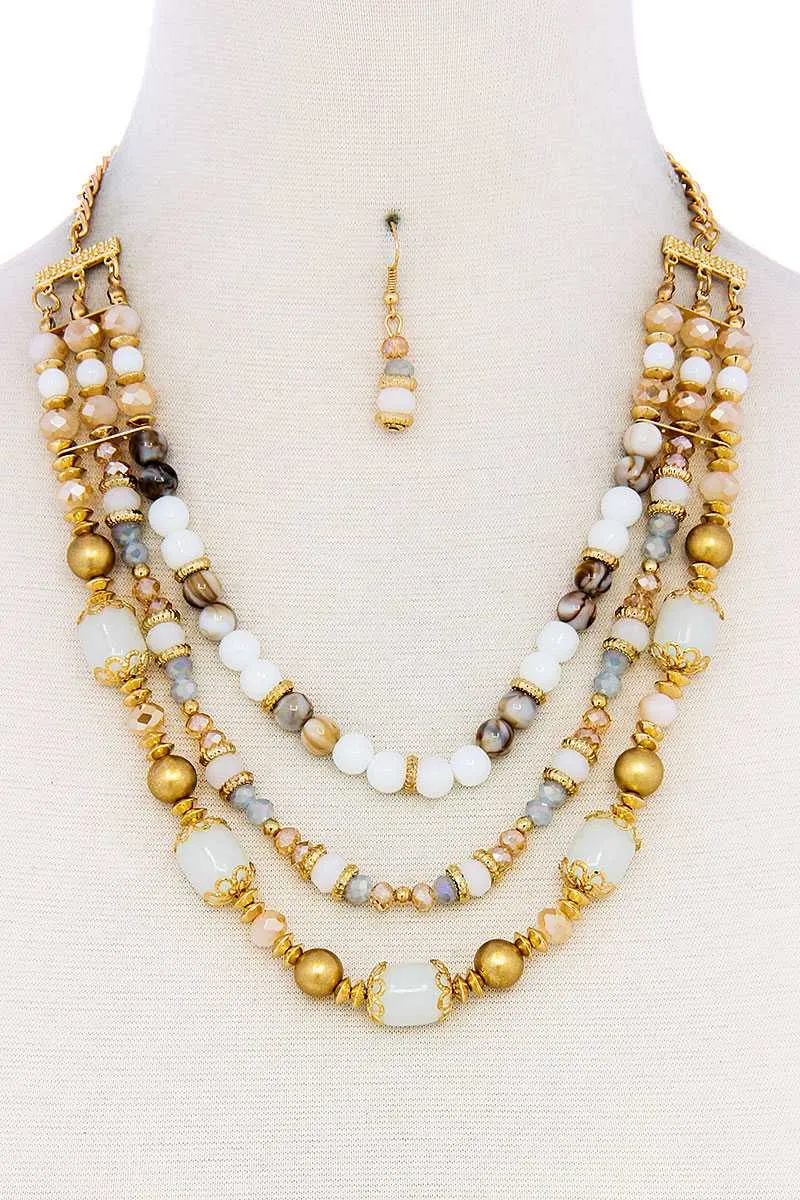 Multi Beaded Three Layer Necklace And Earring Set