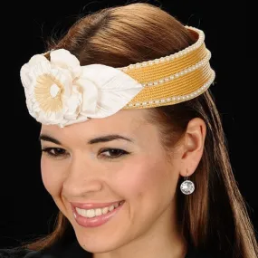 NA1010-Pearl trimmed tan straw with cream/tan flower