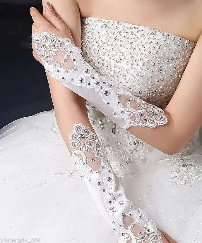 Rhinestone Satin/Lace Fingerless Wedding Gloves