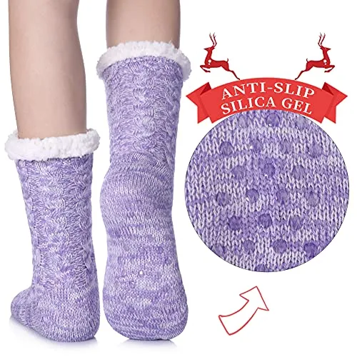 SDBING Women's Winter Super Soft Warm Cozy Fuzzy Fleece-Lined with Grippers Slipper Socks (Light Purple AB)