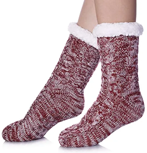 SDBING Women's Winter Super Soft Warm Cozy Fuzzy Fleece-Lined with Grippers Slipper Socks (Wine Red AB)